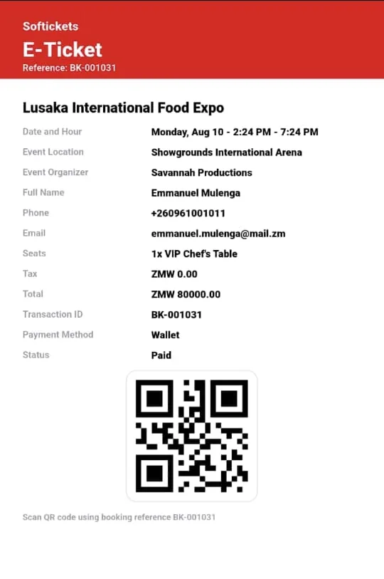Softickets e-ticket with QR code for Lusaka International Food Expo